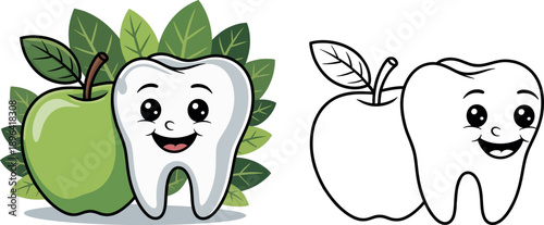 Cartoon teeth with apples tooth green apple