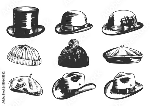 Collection of Nine Vintage Hat in Black and White