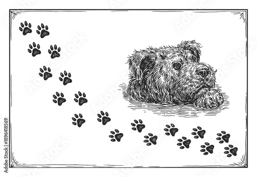 Of a shaggy dog with paw prints trailing
