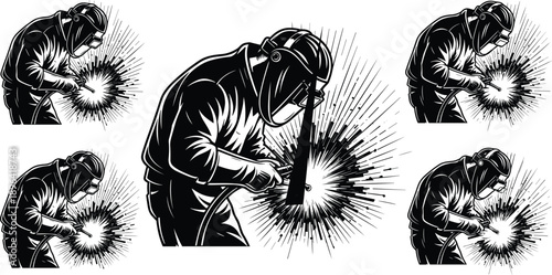 Silhouette of industrial welder working with metal and sparks, professional worker performing welding process in factory environment, safety equipment and heavy industry concept illustration