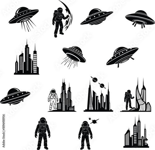 Black silhouettes of UFOs, astronauts, futuristic city skylines, and planets in a sci-fi space exploration and alien invasion theme