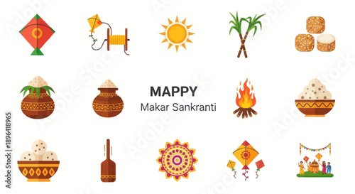 Makar Sankranti Festival Icons: Kites, Sun, Sugarcane, Sweets, Pots, Bonfire