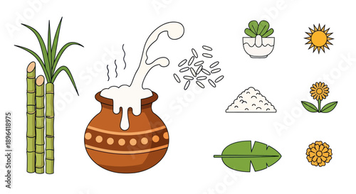 Pongal Festival Elements: Sugarcane, Pot of Boiling Milk, Rice, Sun, Flowers, Leaf