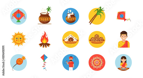 Indian Festival Icons: Pongal, Makar Sankranti, Kite Flying, Sun, Bonfire, Sweets