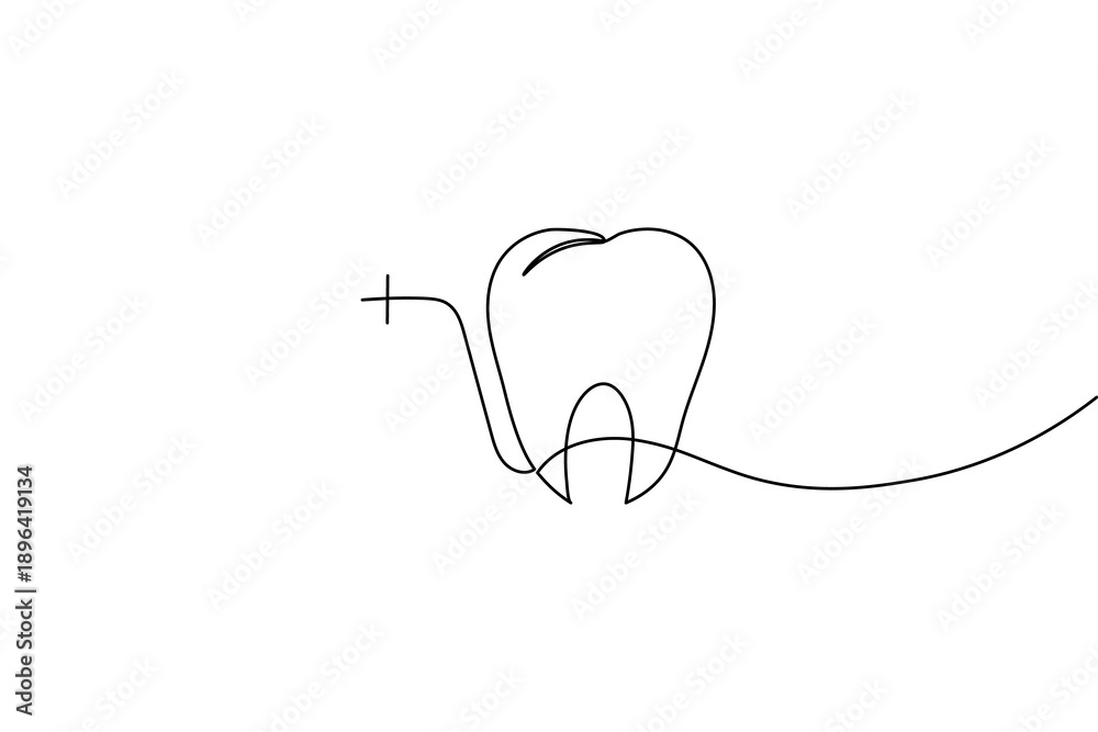 Fototapeta premium A minimalist continuous one line drawing of a healthy molar tooth featuring a medical cross symbol, perfect for dental clinic branding, healthcare icons, and modern dental office decor.