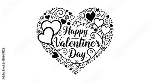 A decorative black and white heart shaped design displays the greeting happy valentine s day within high quality professional detailed