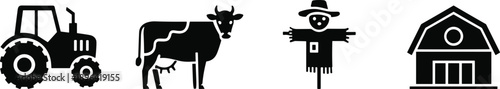 Farm agriculture icon set with tractor cow barn scarecrow and rural elements
