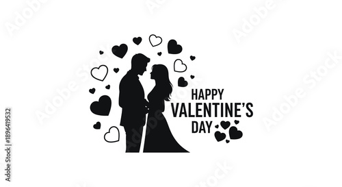 A silhouette of a couple embracing surrounded by floating hearts with a valentine s day greeting high quality professional