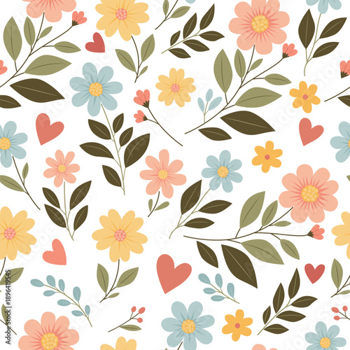A flowery pattern with hearts and leaves. The flowers are in various colors and sizes, and the leaves are green. Scene is cheerful and bright, with the flowers and hearts adding a touch of romance
