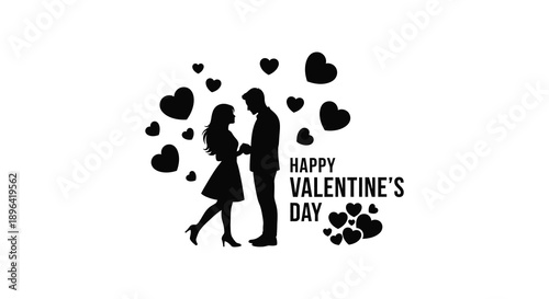 A silhouetted couple embraces amidst floating hearts accompanied by a festive valentine s day greeting high quality professional detailed