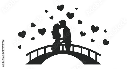 A silhouetted couple embraces affectionately on a bridge surrounded by numerous scattered heart shapes high quality professional detailed
