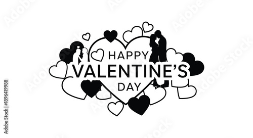 A black and white valentine s day graphic features a couple silhouetted within hearts and celebratory text high quality