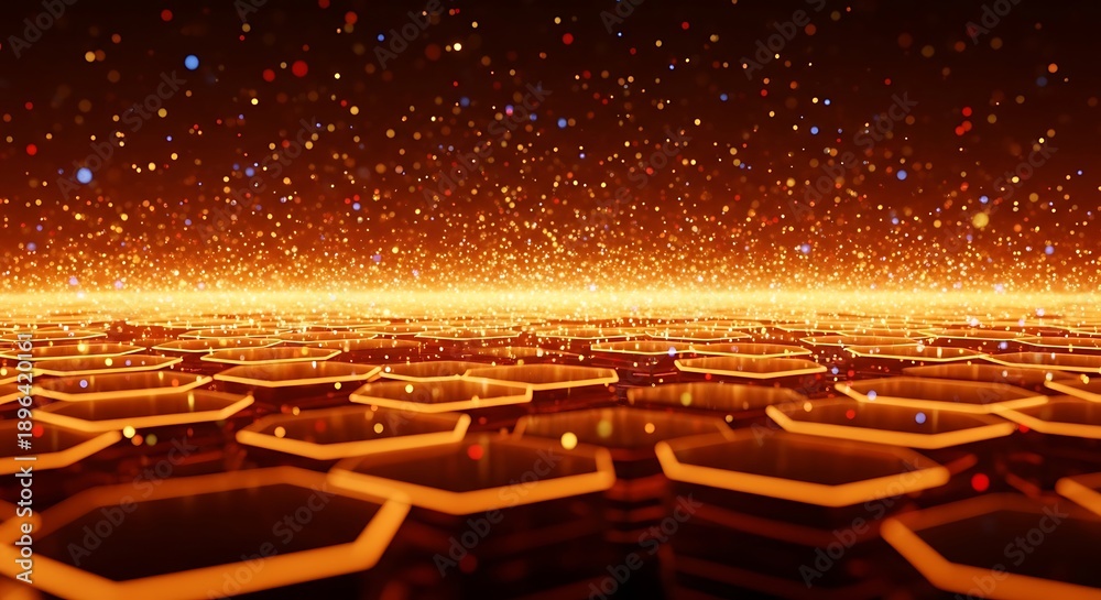 Fototapeta premium Golden hexagons glow brightly in futuristic digital landscape with sparkling particles