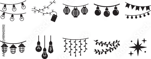 Christmas holiday decorations set with lights, garlands, ornaments and stars flat design vector illustration
