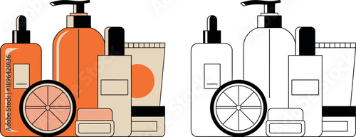 Cosmetic bottles and tubes with wheel on white background orange