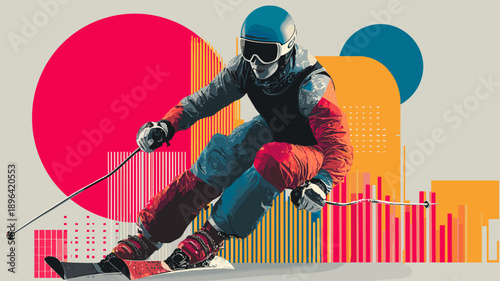 Alpine skiing graphic art effect poster. Alpine skiing dynamic multicolor graphic wallpaper or banner