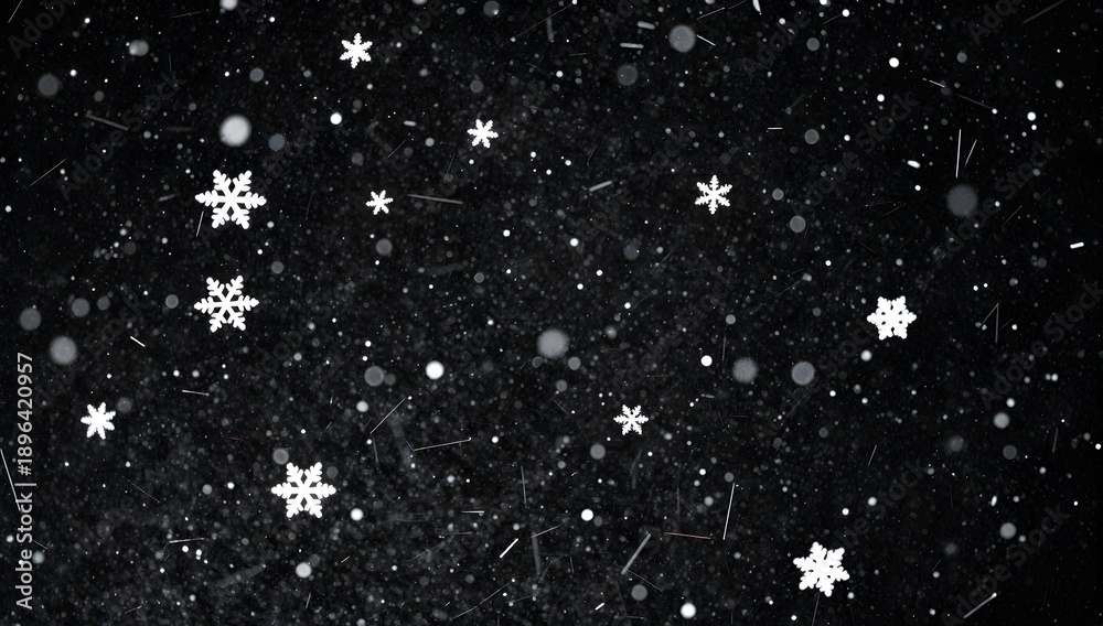 Fototapeta premium Falling snow and snowflakes on a dark winter night for festive season