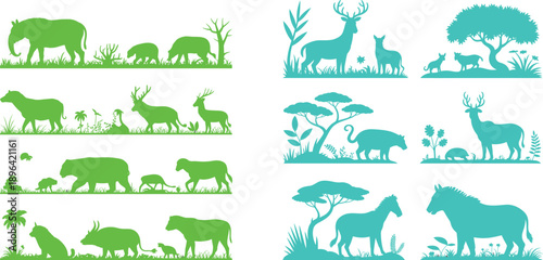 Green and blue animal silhouettes on white background wildlife animals