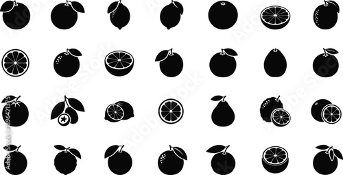 Variety of fresh fruits in simple black icons