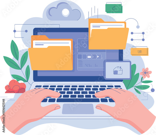 Hands on laptop with folders and files on screen and in cloud storage keyboard