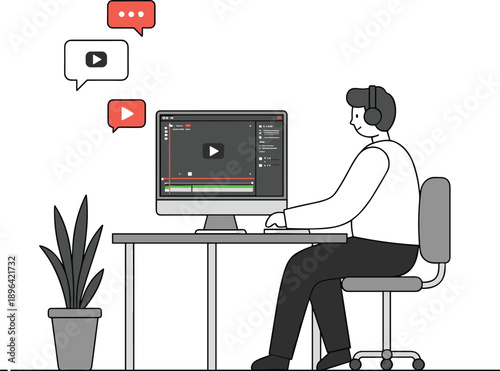 Cartoon Video Editor at Desk with Headphones and Timeline Interface, Multimedia Content Creator Vector for Adobe Stock Illustration Asset