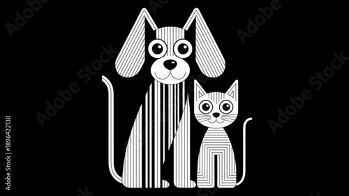 Cartoon dog and cat friends isolated on black background.