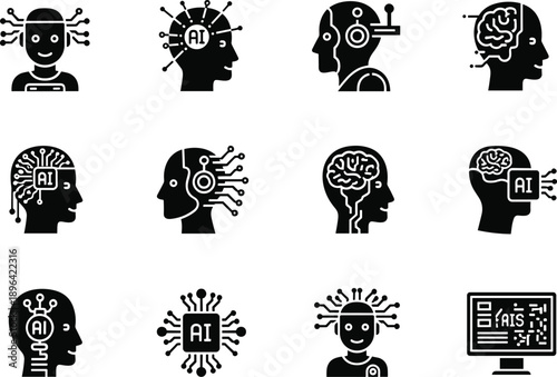 Artificial intelligence icon set with ai brain machine learning neural network and technology symbols collection in flat vector style. Artificial Intelligence Icon Set