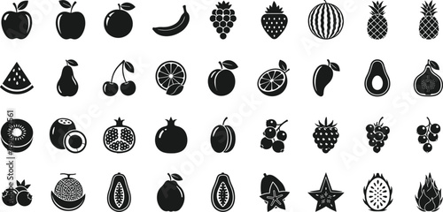 Variety of fresh fruits in simple black icons