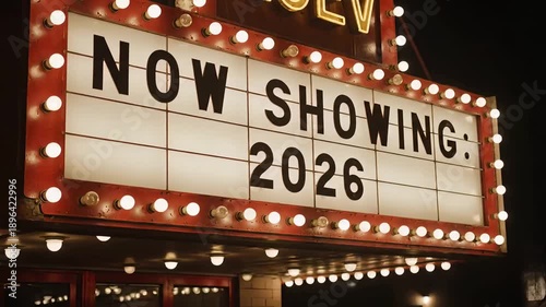 A vintage movie theater marquee lights up at night displaying 
