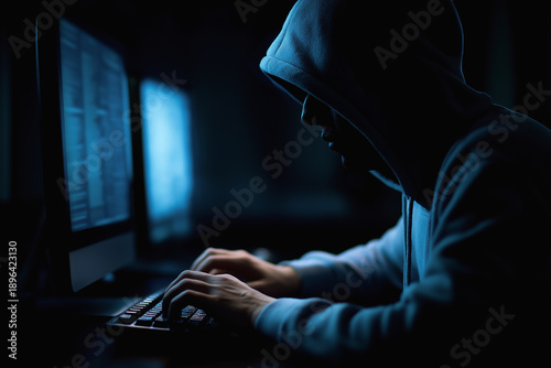 Horizontal photo image of a man shown from the waist up, seated in a dark room illuminated by his computer monitor, clearly portraying a cybercriminal hacker.