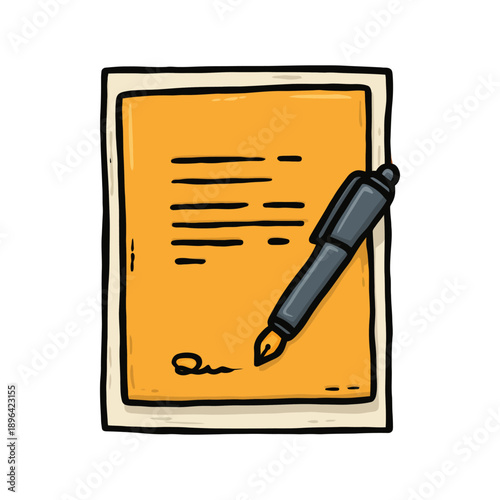 Cartoon Illustration of a Document Being Signed with a Pen