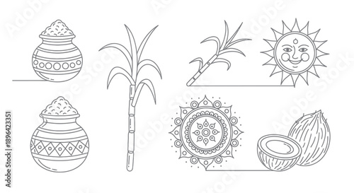 Pongal Festival Icons: Pot, Sugarcane, Sun, Coconut, Rangoli - Line Art