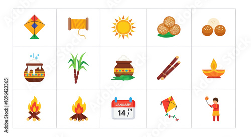 Pongal Festival Icons: Kite, Sun, Sugarcane, Fire, Calendar, Sweet Balls, Pot, Lamp
