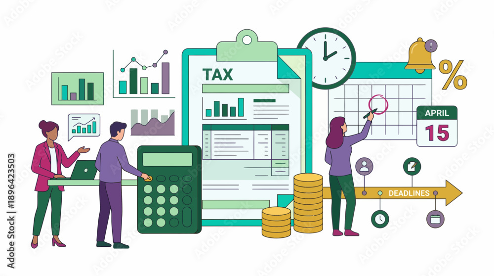 Naklejka premium Financial accountants analyze tax documents, charts and deadlines surrounding the critical April 15 date, concept for financial reporting, regulatory compliance and deadline management