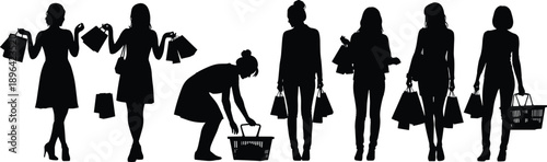 Vector illustration of shopping silhouettes—symbols for retail behavior, consumer lifestyle, fashion, purchase activity, femininity, movement, urban culture, and commerce