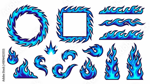 Set of vibrant cartoon blue flames and fire elements, including round and square frames and horizontal borders, concept for e-sports design, video game assets and energy drink advertising