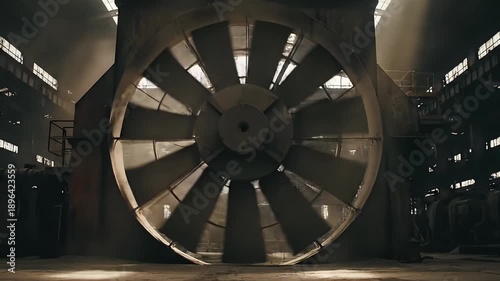 Large Industrial Fan Rotating in Dusty Factory with Dramatic Light Rays