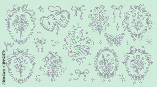 Delicate line art pattern of vintage frames, floral bouquets, swallow motif and heart locket on a soft pastel background, concept for packaging design, wedding stationery and fashion textile print