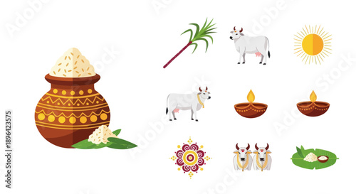 Pongal Festival Icons: Pot of Rice, Sugarcane, Cows, Sun, Diyas, Rangoli, Bullocks