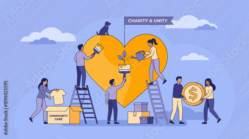 Diverse community volunteers paint a large heart and handle donations, emphasizing unity and care, concept for charity drives, non-profit initiatives and CSR marketing