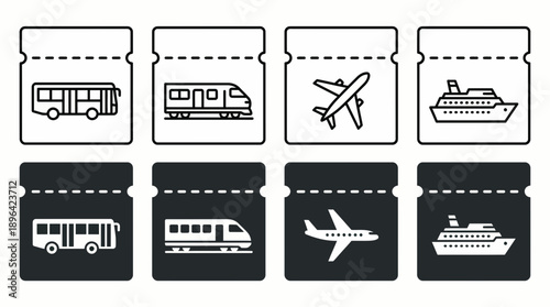 Eight travel ticket icons showing bus, train, airplane and ship in outline and solid styles, concept for booking software, transportation infographics and travel industry web design