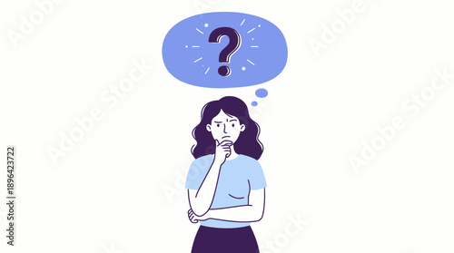 A puzzled female professional thinking deeply with a question mark in a blue thought bubble, concept for problem-solving, decision-making process and strategic planning