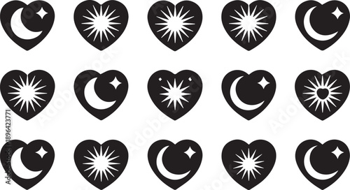 Celestial heart icon set — black and white grid of 15 symbolic designs featuring crescent moons, stars, and sunburst patterns