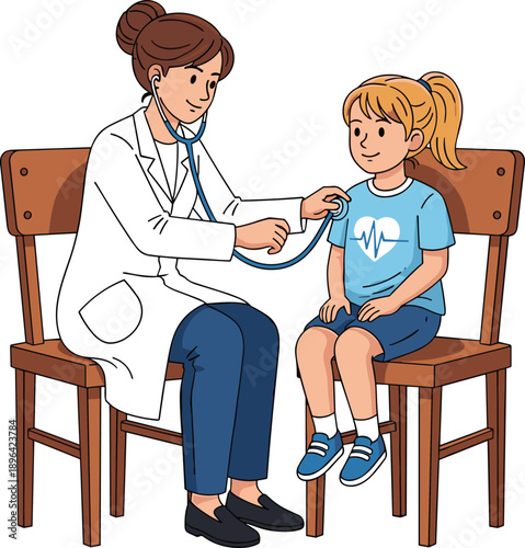 Female doctor examining young girl illustration, pediatric healthcare checkup scene showing child medical care, stethoscope use, friendly doctor visit, wellness and preventive health concept