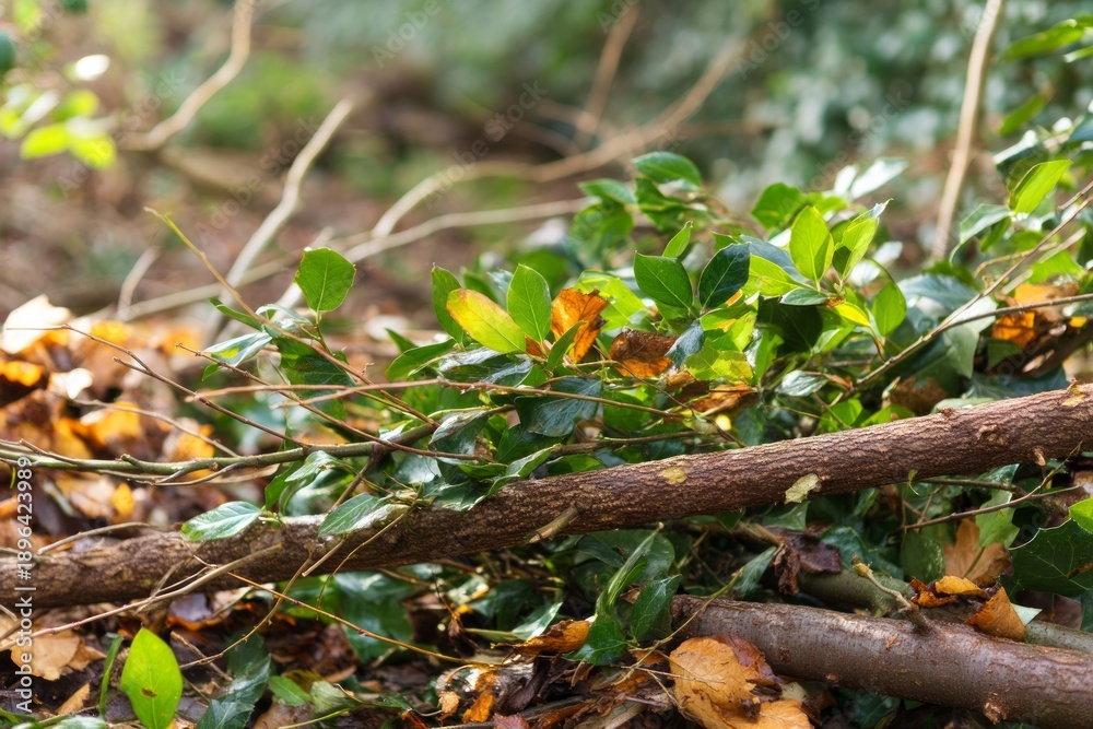 Fototapeta premium Fallen Branches and Green Leaves in a Peaceful Forest Scene of Disruption