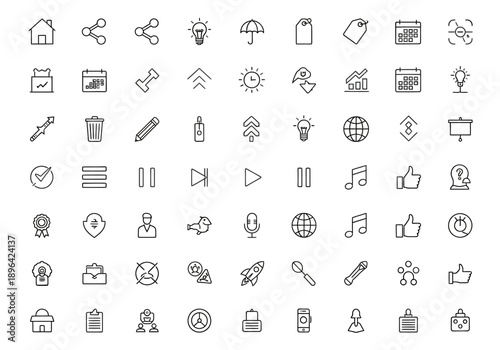 Set of 49 black and white outline icons arranged in 7 rows of 7 including home share idea calendar and media controls