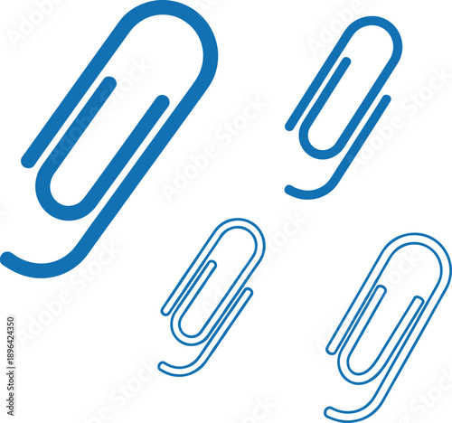 Paper clip icon set in blue outline style showing different sizes and shapes, minimal office stationery symbols isolated on white background, business and document attachment concept