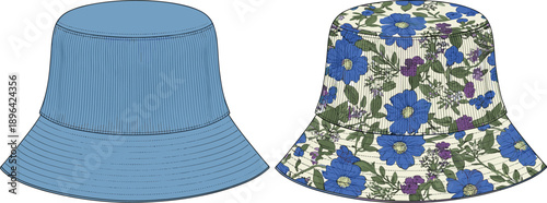 Hand drawn bucket hat fashion illustration featuring solid blue and floral patterned summer hats, trendy accessories design, textile pattern artwork, vector style, isolated on white background