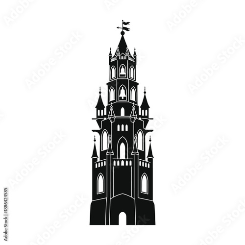 Ornate Gothic Tower Silhouette with Bells and Flags