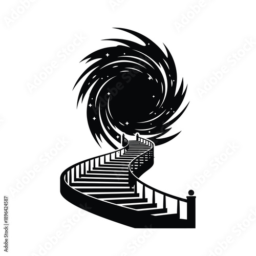 Black Staircase Leading to Swirling Vortex on White Background